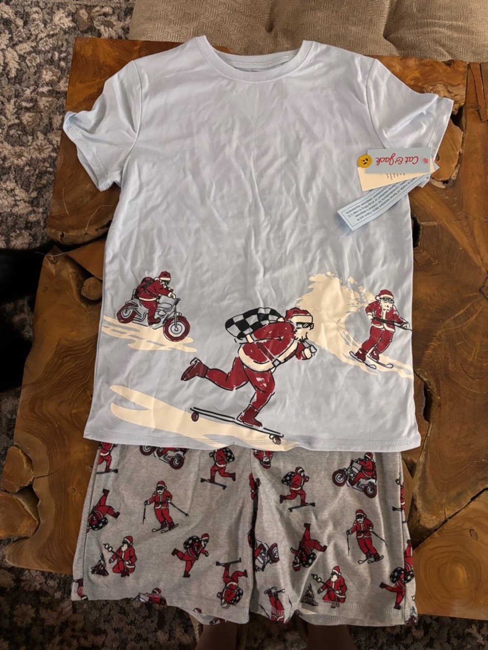 Cat & Jack Light Blue and Gray Santa Activity Pajama Set